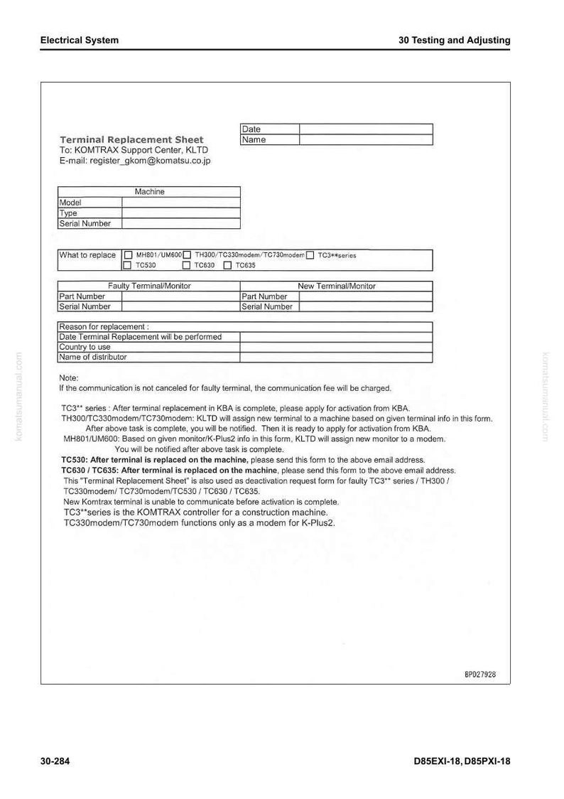 K&ouml;nnte beinhalten: Ein wei&szlig;es Terminal Replacement Sheet vom KOMTRAX Support Center. Das Formular enth&auml;lt Felder f&uuml;r Maschinendetails, Informationen zum Terminalaustausch und einen Abschnitt f&uuml;r Notizen. Das Dokument dient zum Testen und Einstellen elektrischer Systeme.