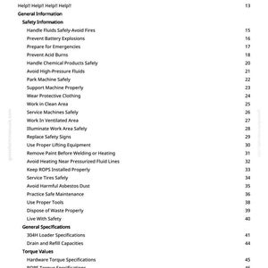 May include: A white page with a black text table of contents. The table lists safety information, general specifications, and torque values. The text includes titles like "Handle Fluids Safely" and "Prevent Battery Explosions."