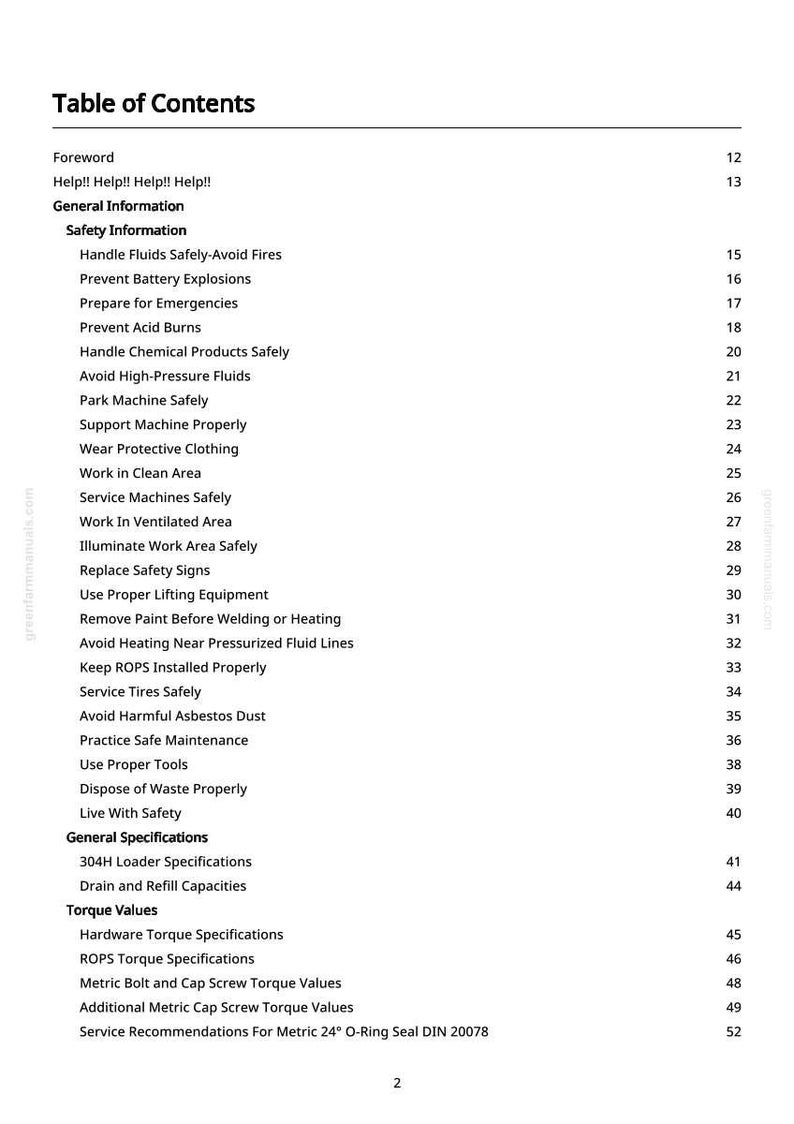 May include: A white page with a black text table of contents. The table lists safety information, general specifications, and torque values. The text includes titles like "Handle Fluids Safely" and "Prevent Battery Explosions."