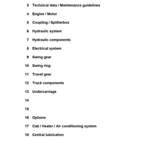 Puede incluir: Un manual de servicio blanco con una tabla de contenidos en negro. El manual incluye secciones sobre informaci&oacute;n general, herramientas, motor, sistemas hidr&aacute;ulicos y m&aacute;s. El copyright es de LIEBHERR.