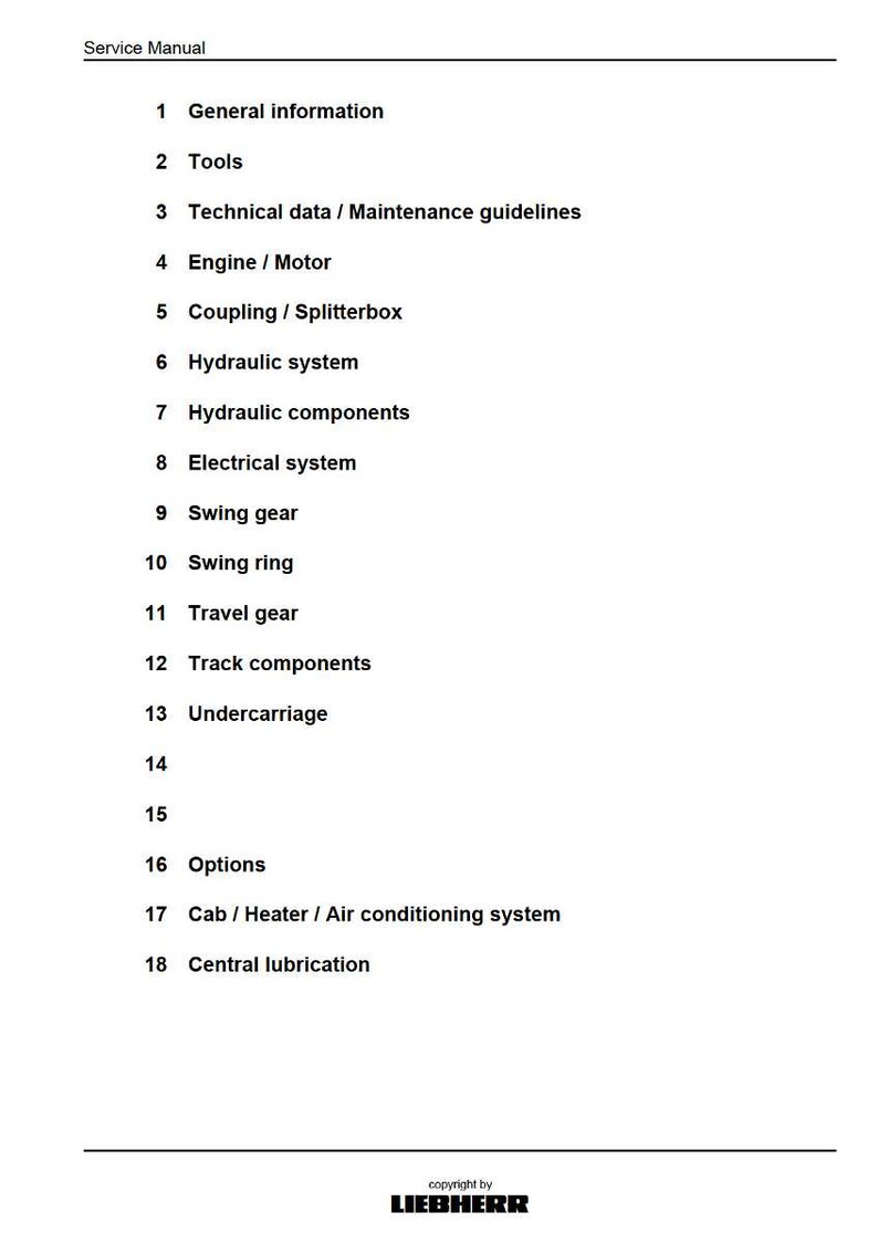 Puede incluir: Un manual de servicio blanco con una tabla de contenidos en negro. El manual incluye secciones sobre informaci&oacute;n general, herramientas, motor, sistemas hidr&aacute;ulicos y m&aacute;s. El copyright es de LIEBHERR.