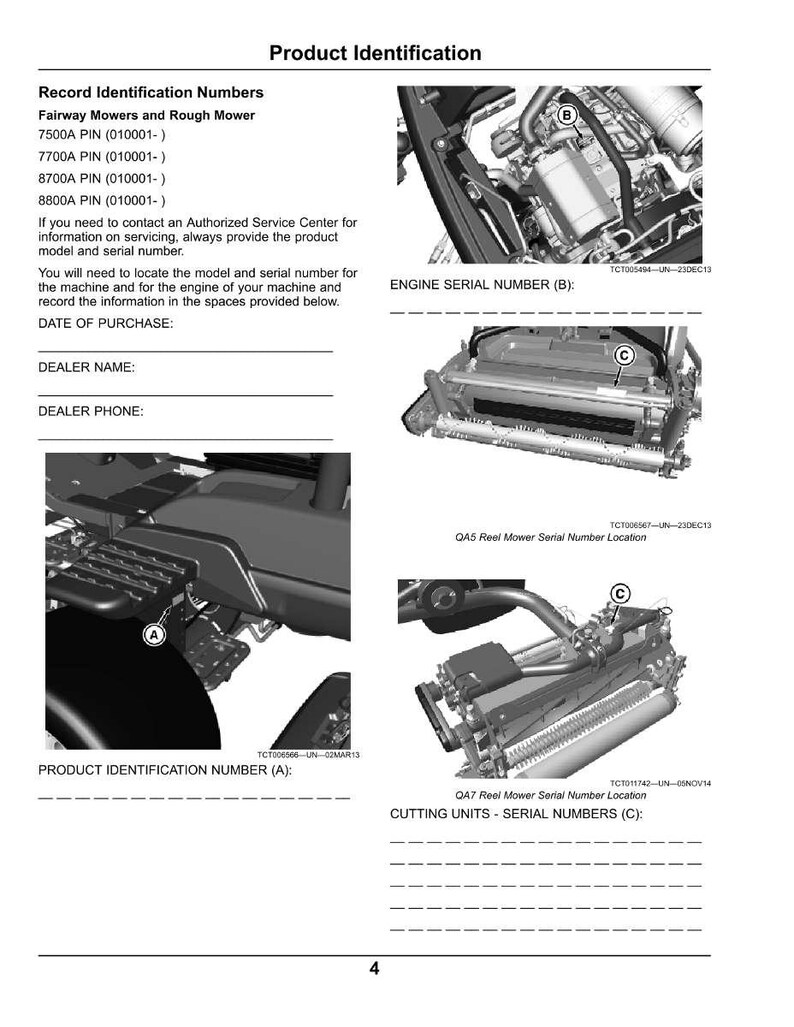 Puede incluir: Gu&iacute;a de identificaci&oacute;n de productos con diagramas de componentes del motor de la segadora y ubicaciones de n&uacute;meros de serie. Incluye texto para los modelos Fairway Mowers y Rough Mower, con espacios para registrar la fecha de compra, el nombre del distribuidor y el tel&eacute;fono.