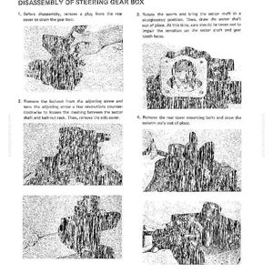 May include: A black and white diagram illustrating the disassembly of a steering gear box. The image shows step-by-step instructions with accompanying illustrations, including removing plugs, rotating parts, and removing bolts. Text includes "DISASSEMBLY OF STEERING GEAR BOX".