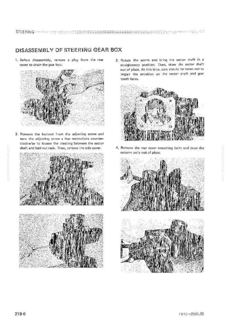 May include: A black and white diagram illustrating the disassembly of a steering gear box. The image shows step-by-step instructions with accompanying illustrations, including removing plugs, rotating parts, and removing bolts. Text includes "DISASSEMBLY OF STEERING GEAR BOX".