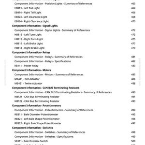 May include: A page from a manual with a list of component information, including position lights, signal lights, relays, motors, and switches. The text is black on a white background, with page numbers on the right.