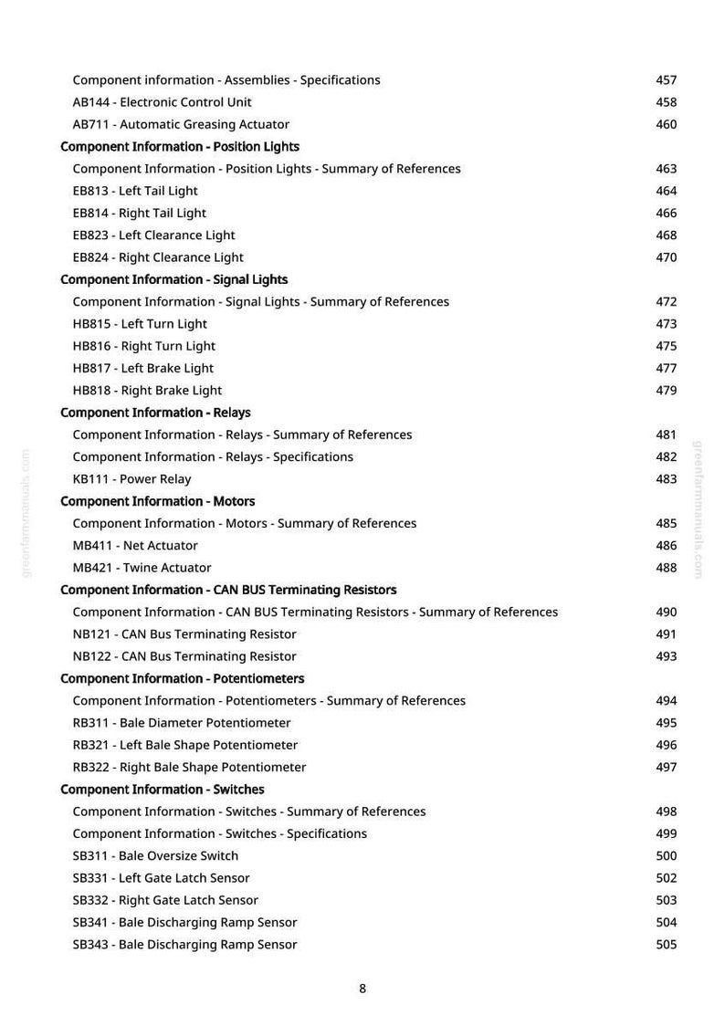 May include: A page from a manual with a list of component information, including position lights, signal lights, relays, motors, and switches. The text is black on a white background, with page numbers on the right.