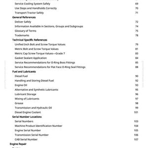 May include: A page from a manual with a table of contents. The headings include "Wear Protective Clothing", "Fuel and Lubricants", and "Engine Repair". The page numbers are listed on the right side.