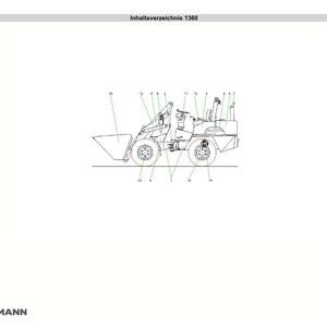 May include: Line drawing of a Weidemann 1360 compact wheel loader, with numbered parts and labels. The image includes the Weidemann logo and the text "Inhaltsverzeichnis 1360".