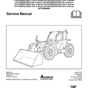 May include: A service manual with a detailed line drawing of a Massey Ferguson tractor with a front loader. The manual's cover includes text and the Massey Ferguson logo.