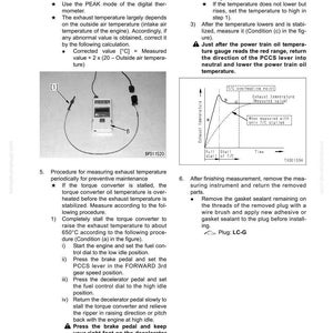 May include: A page from a manual detailing procedures for measuring exhaust temperature. Includes diagrams, instructions, and a digital thermometer. The text includes steps for troubleshooting and preventive maintenance.