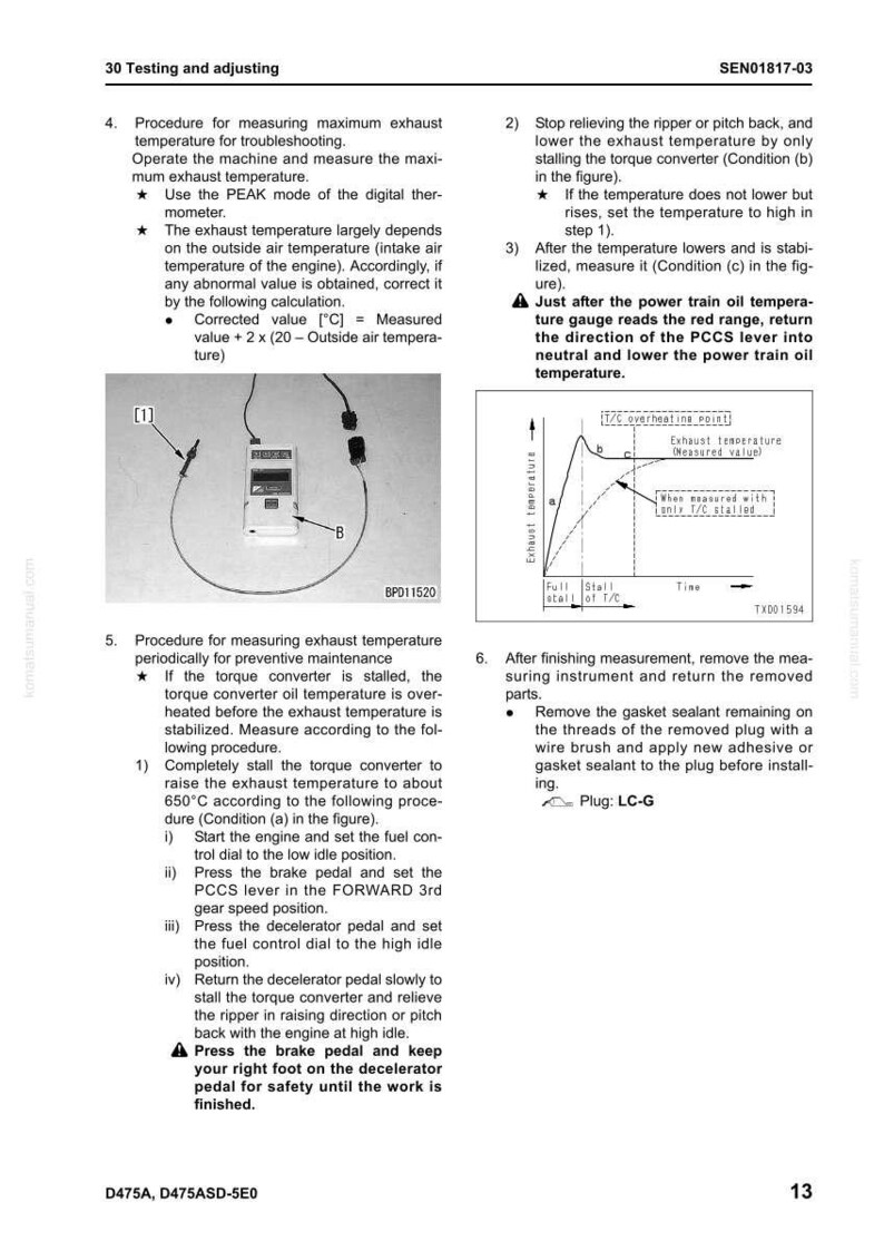 May include: A page from a manual detailing procedures for measuring exhaust temperature. Includes diagrams, instructions, and a digital thermometer. The text includes steps for troubleshooting and preventive maintenance.