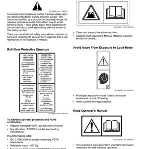 May include: A manual page with safety labels and instructions. The labels feature warning symbols, including a triangle with an exclamation mark, and text on preventing fires and avoiding loud noises. The manual also provides information on roll-over protective structures.