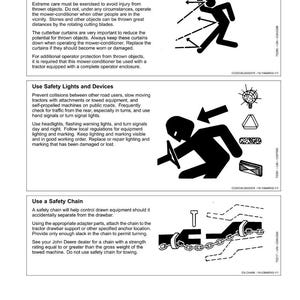 May include: A safety manual page with the title "Safety". The page includes text and diagrams about avoiding injury from thrown objects, using safety lights and devices, and using a safety chain.