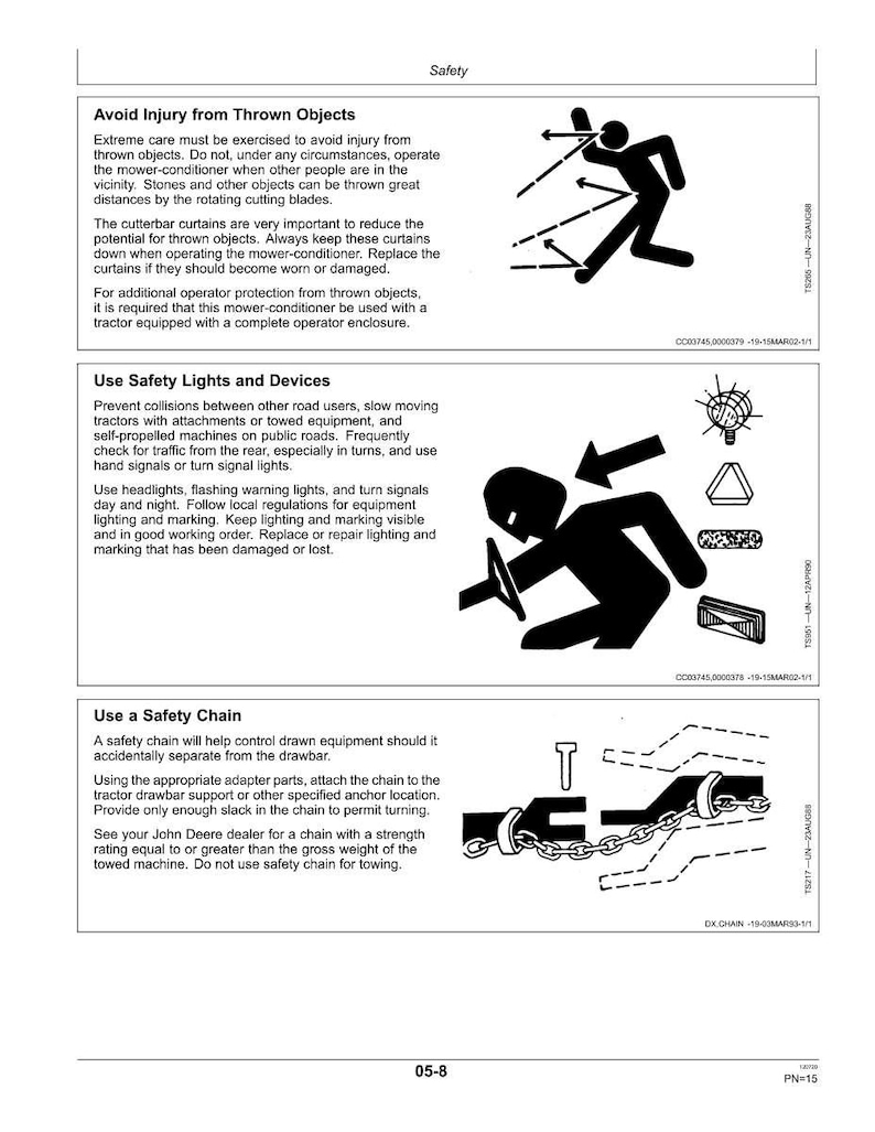 May include: A safety manual page with the title "Safety". The page includes text and diagrams about avoiding injury from thrown objects, using safety lights and devices, and using a safety chain.