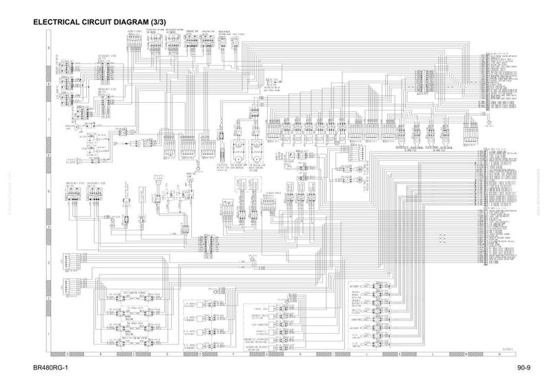 Op de afbeelding: Elektrisch circuitdiagram (3/3) met een complex netwerk van lijnen, symbolen en tekst. Het diagram is in zwart-wit en geeft details over de elektrische componenten en verbindingen. De tekst "BR480RG-1" staat onderaan.