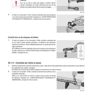 May include: Technical diagrams and instructions for engine maintenance. The image shows various tools and procedures for measuring and inspecting engine components, including pistons, camshafts, and connecting rods. Text in French provides detailed steps.