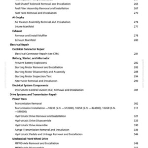 May include: A page from a manual with a list of automotive repair procedures. The text includes topics like fuel injection, air intake, exhaust, electrical repair, and drive systems. Page numbers are listed on the right.