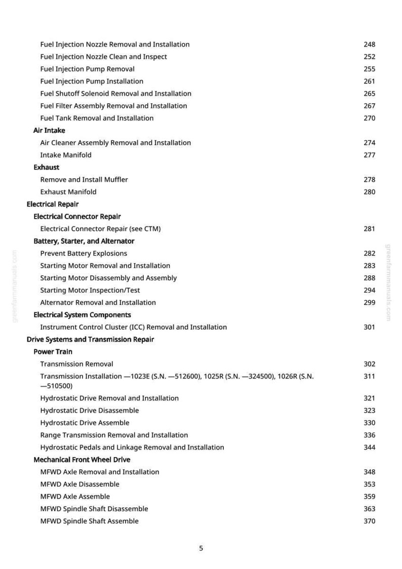 May include: A page from a manual with a list of automotive repair procedures. The text includes topics like fuel injection, air intake, exhaust, electrical repair, and drive systems. Page numbers are listed on the right.