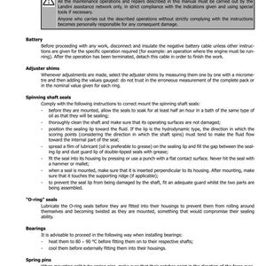 May include: A page from a manual with the title "GENERAL INSTRUCTIONS" and section number 1001. The text provides instructions for maintenance and repair, including battery, adjuster shims, spinning shaft seals, O-ring seals, bearings, and spring pins.