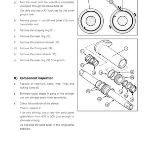 Puede incluir: Diagrama de un manual de taller para tractores de la serie 5300. La imagen muestra vistas explosionadas de componentes del tractor, incluyendo anillos, retenedores y un pist&oacute;n. Las instrucciones de texto acompa&ntilde;an los diagramas.