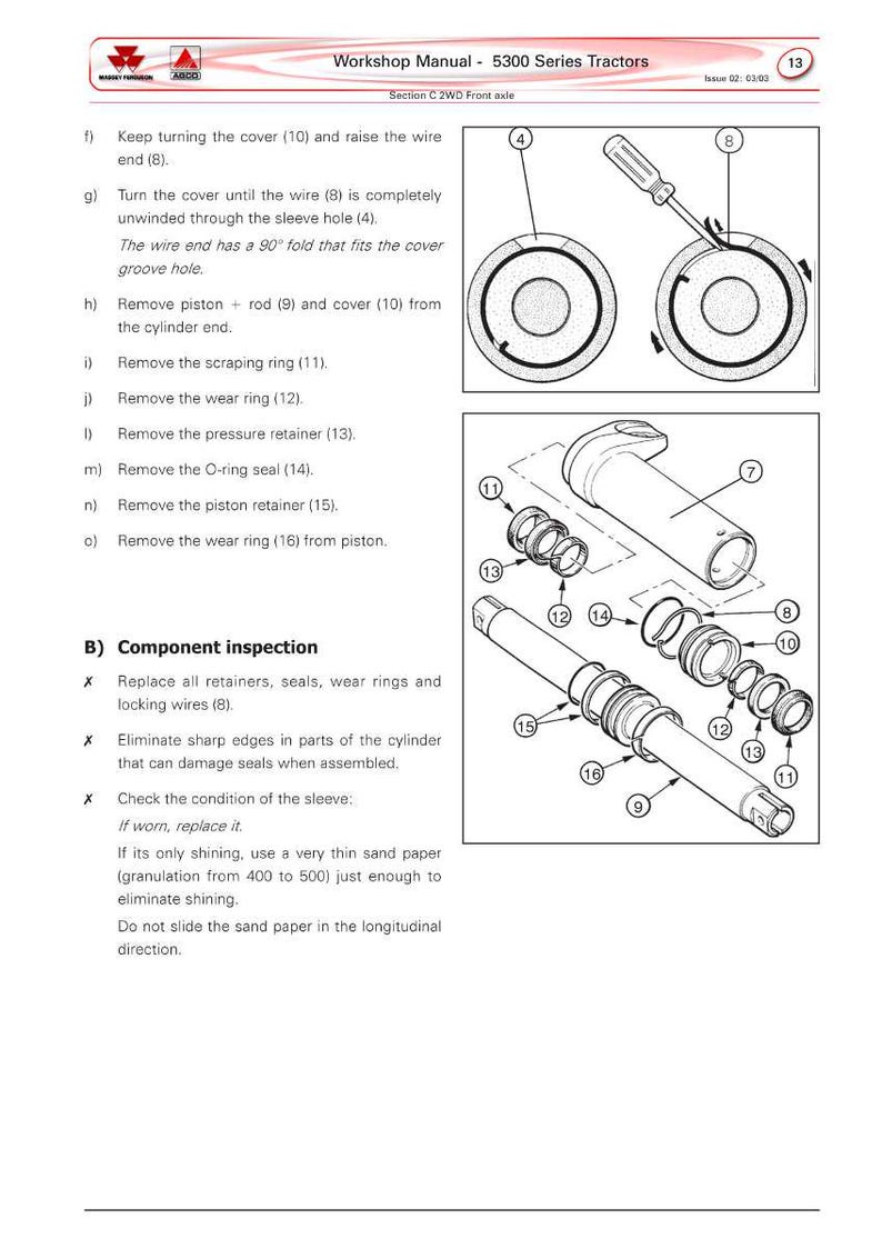 Puede incluir: Diagrama de un manual de taller para tractores de la serie 5300. La imagen muestra vistas explosionadas de componentes del tractor, incluyendo anillos, retenedores y un pist&oacute;n. Las instrucciones de texto acompa&ntilde;an los diagramas.