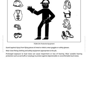 May include: Black and white illustration of protective equipment, including a hard hat, safety vest, goggles, earmuffs, a welding mask, gloves, and work boots. The image includes the text "Wear Protective Equipment".