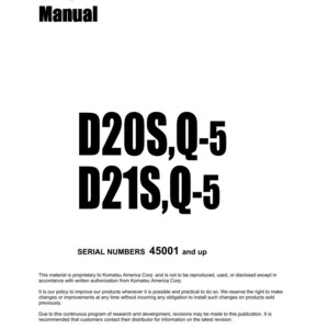 Może przedstawiać: Biała okładka instrukcji warsztatowej z napisem "Shop Manual" pogrubionymi czarnymi literami. Poniżej tytuł instrukcji brzmi "D20S,Q-5" i "D21S,Q-5". Widoczny jest r&oacute;wnież tekst "SERIAL NUMBERS 45001 and up".