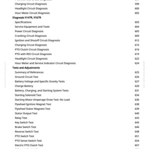 May include: A page from a manual with a list of automotive diagnostic tests and adjustments. The text includes terms like "Power Circuit Diagnosis," "Charging Circuit Diagnosis," and "Battery Voltage Tests." The page number is 9.