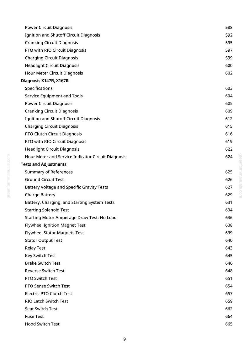 May include: A page from a manual with a list of automotive diagnostic tests and adjustments. The text includes terms like "Power Circuit Diagnosis," "Charging Circuit Diagnosis," and "Battery Voltage Tests." The page number is 9.