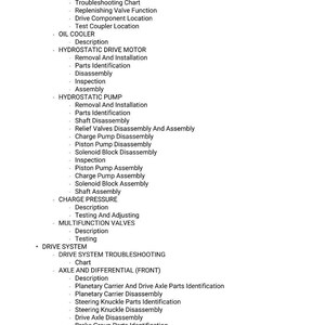 Puede incluir: Una lista de descripciones y procedimientos t&eacute;cnicos, que incluye "Descripci&oacute;n funcional de la suspensi&oacute;n de la pluma", "Informaci&oacute;n del sistema hidrost&aacute;tico" y "Tabla de soluci&oacute;n de problemas del sistema de transmisi&oacute;n". Texto negro sobre fondo blanco.