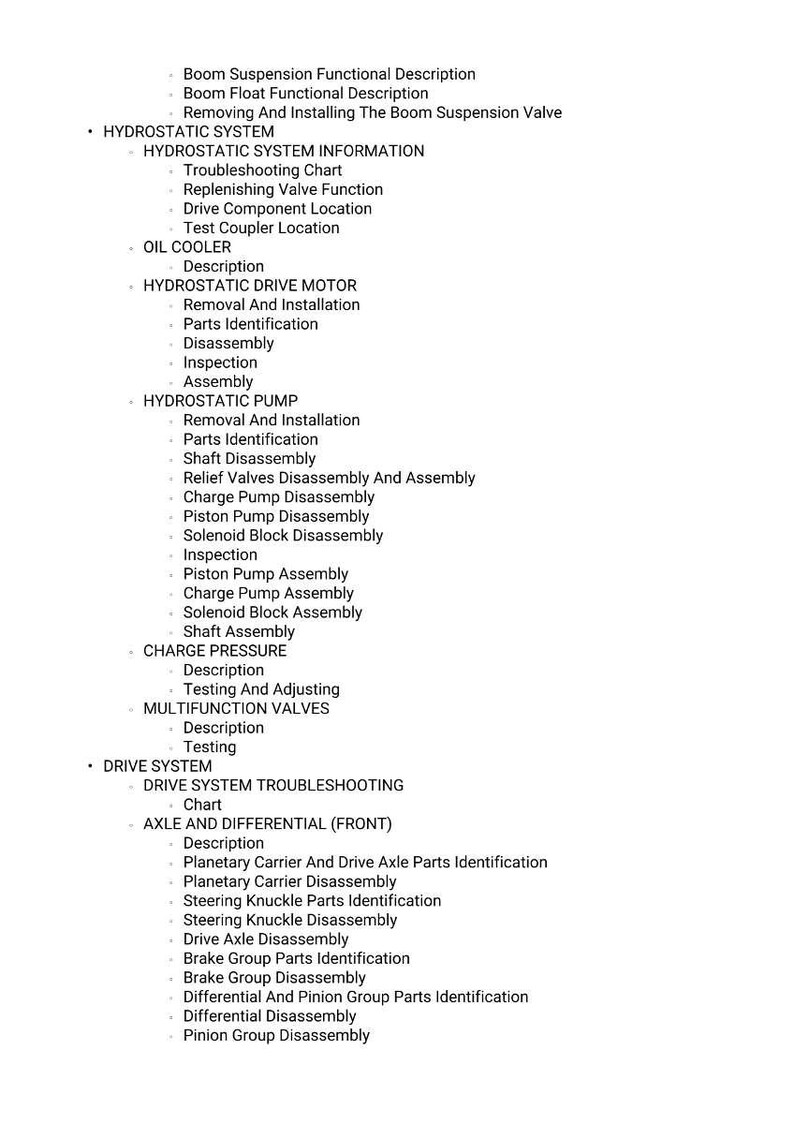Puede incluir: Una lista de descripciones y procedimientos t&eacute;cnicos, que incluye "Descripci&oacute;n funcional de la suspensi&oacute;n de la pluma", "Informaci&oacute;n del sistema hidrost&aacute;tico" y "Tabla de soluci&oacute;n de problemas del sistema de transmisi&oacute;n". Texto negro sobre fondo blanco.