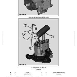 Op de afbeelding: Technische tekening van een hydraulische pompsamenstelling met labels en instructies. De afbeelding toont de pomp, een O-ring en andere componenten. Tekst omvat "LX1038119-UN: Pump Flange O-ring" en "LX1038120-UN: Fill With Oil."