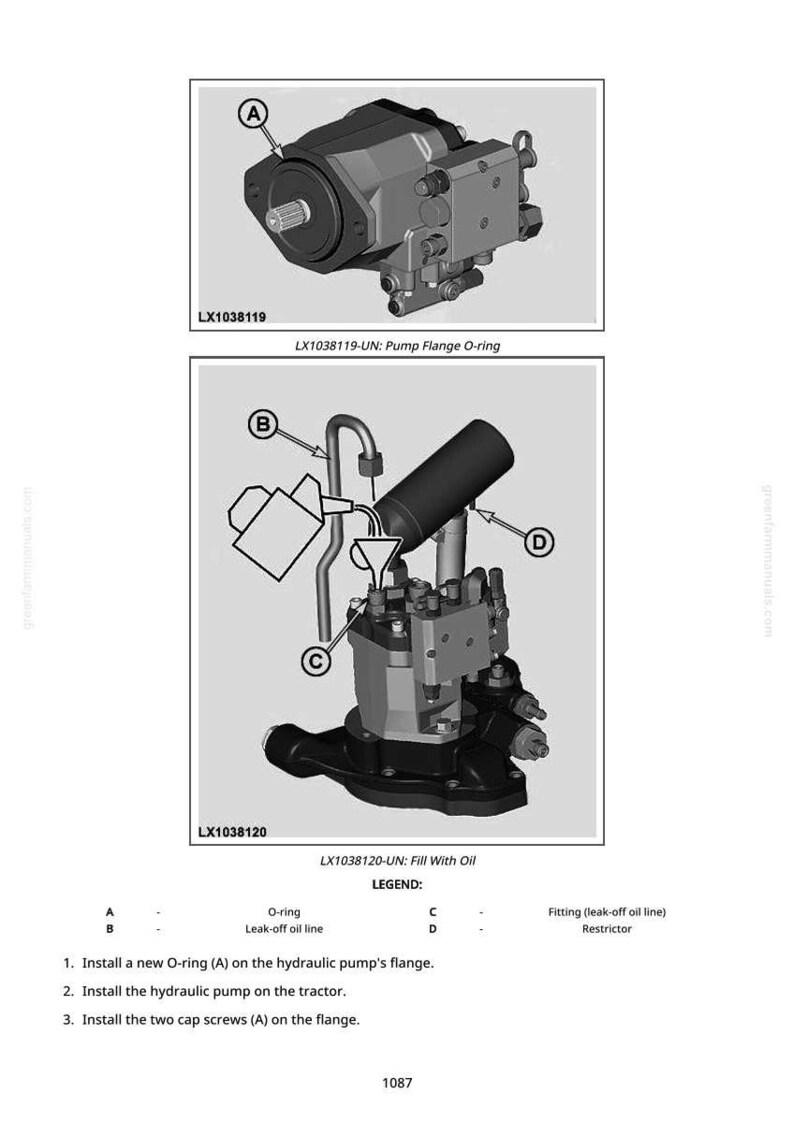 Op de afbeelding: Technische tekening van een hydraulische pompsamenstelling met labels en instructies. De afbeelding toont de pomp, een O-ring en andere componenten. Tekst omvat "LX1038119-UN: Pump Flange O-ring" en "LX1038120-UN: Fill With Oil."
