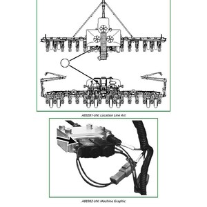 以下が含まれることがあります： 機械部品の技術図面。 上の図は、機械の線画イラストで、部品の詳細なビューです。下の図は、電気部品と配線を含む機械グラフィックを示しています。 テキストには「A83281-UN: Location Line Art」と「A88382-UN: Machine Graphic」が含まれています。