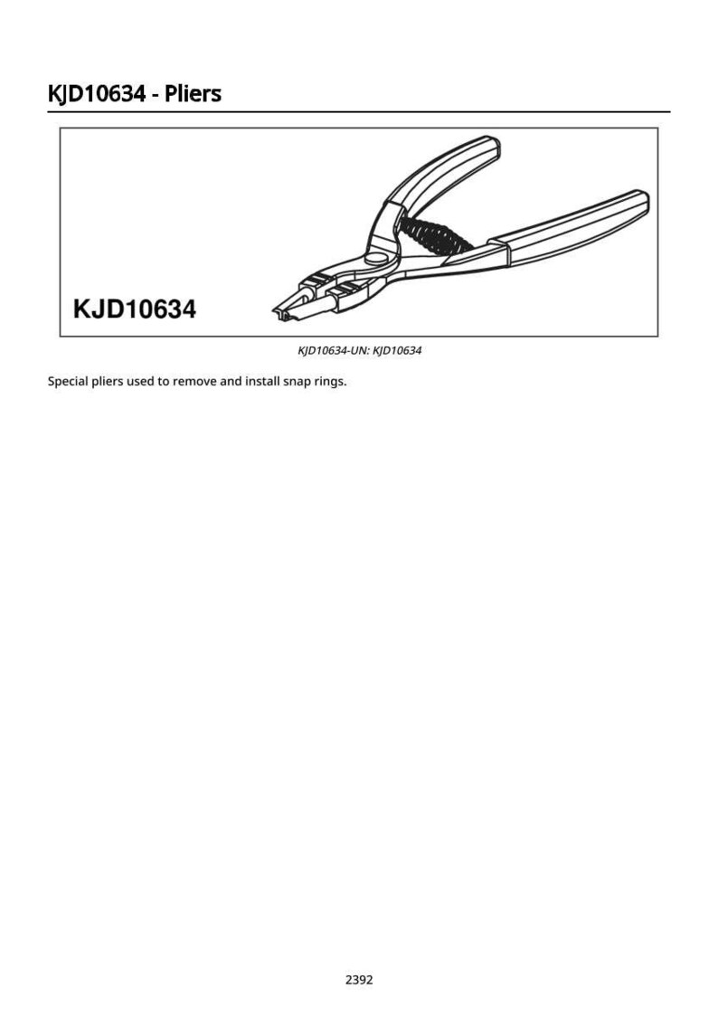 Pu&ograve; includere: Illustrazione in bianco e nero di una pinza, etichettata KJD10634. Il testo "KJD10634 - Pliers" &egrave; in alto. Il testo "Special pliers used to remove and install snap rings" &egrave; sotto l'immagine.