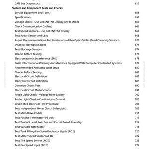 May include: A page from a manual with a list of technical terms and procedures, including "Troubleshooting GREENSTAR Display" and "Test Tire Speed Sensor (AC II)". The page number is 9.