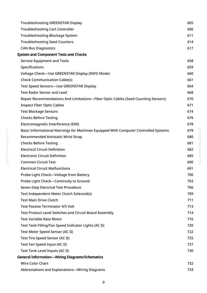 May include: A page from a manual with a list of technical terms and procedures, including "Troubleshooting GREENSTAR Display" and "Test Tire Speed Sensor (AC II)". The page number is 9.