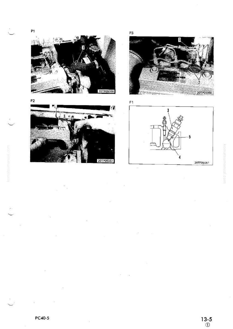 Pode incluir: Diagramas t&eacute;cnicos e fotografias de componentes de m&aacute;quinas. As imagens incluem close-ups de pe&ccedil;as com etiquetas e diagramas, provavelmente para instru&ccedil;&otilde;es de reparo ou manuten&ccedil;&atilde;o. O texto "20TP05058", "20TP05057" e "20TF05051" &eacute; vis&iacute;vel.