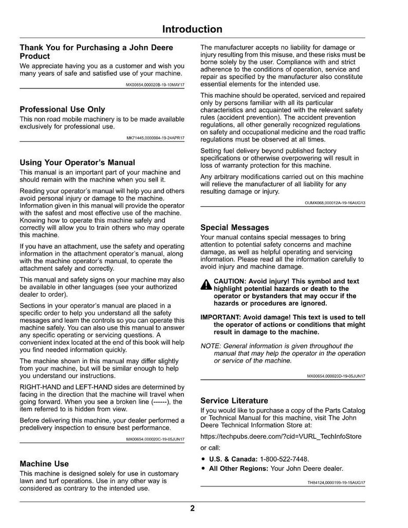 Puede incluir: Manual impreso titulado "Introducci&oacute;n" para un producto John Deere. El manual incluye informaci&oacute;n de seguridad, instrucciones de funcionamiento y datos de contacto del servicio de atenci&oacute;n al cliente. La portada es blanca con texto negro.