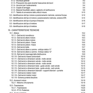 May include: A white and black document titled "INDICE" at the top. It's a table of contents detailing technical specifications, such as engine components, transmission, and axles. The pages are numbered.