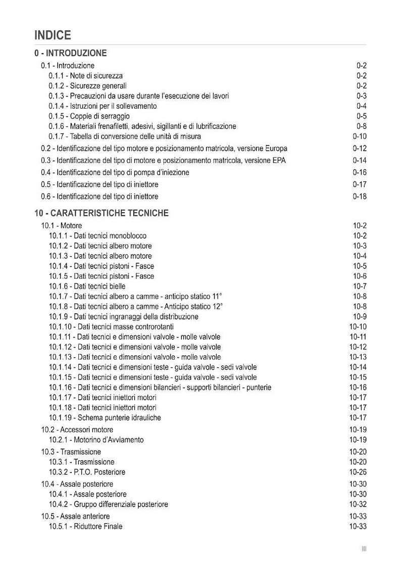 May include: A white and black document titled "INDICE" at the top. It's a table of contents detailing technical specifications, such as engine components, transmission, and axles. The pages are numbered.