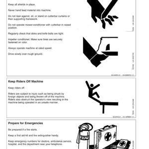 May include: A safety manual page with instructions and illustrations. The top section details mower-conditioner operation, the middle section warns against riders, and the bottom section advises on emergency preparedness, including a first aid kit.