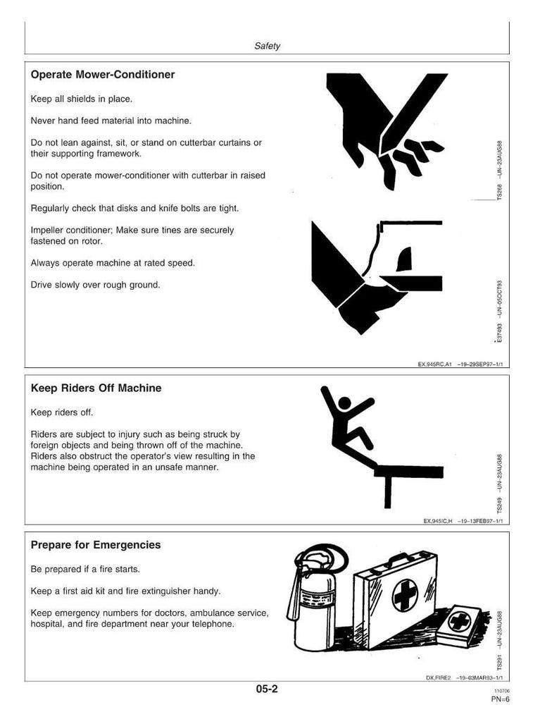 May include: A safety manual page with instructions and illustrations. The top section details mower-conditioner operation, the middle section warns against riders, and the bottom section advises on emergency preparedness, including a first aid kit.