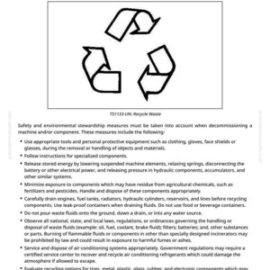 May include: Black and white graphic of the recycling symbol, composed of three curved arrows forming a triangle. Text at the top reads "Decommissioning - Proper Recycling and Disposal of Fluids and Components". Below the symbol is the text "TS1133-UN: Recycle Waste".