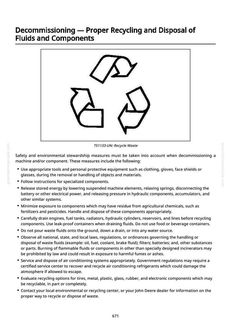May include: Black and white graphic of the recycling symbol, composed of three curved arrows forming a triangle. Text at the top reads "Decommissioning - Proper Recycling and Disposal of Fluids and Components". Below the symbol is the text "TS1133-UN: Recycle Waste".