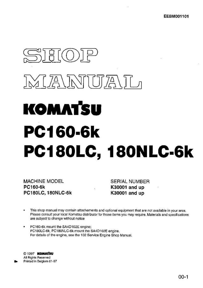 May include: A white shop manual with the title "SHOP MANUAL" and the brand name "KOMATSU". The manual includes the model numbers PC160-6k and PC180LC, 180NLC-6k. The serial numbers are K30001 and up. The manual is printed in Belgium.