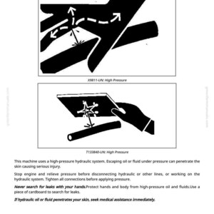 Puede incluir: Diagramas en blanco y negro que ilustran las precauciones de seguridad para aceites y fluidos a alta presi&oacute;n. La imagen advierte contra el contacto con la piel y proporciona consejos de seguridad. El texto incluye "Evite aceites y fluidos a alta presi&oacute;n."