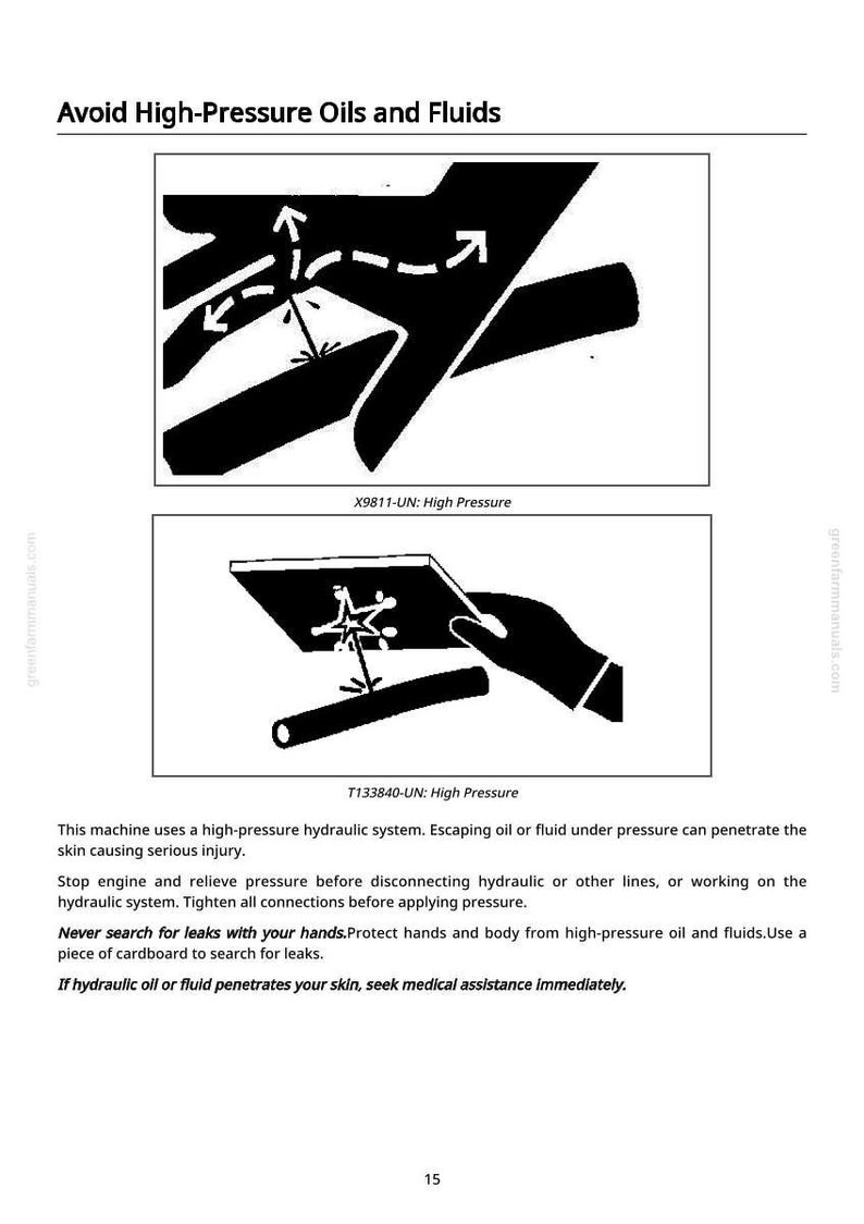 Puede incluir: Diagramas en blanco y negro que ilustran las precauciones de seguridad para aceites y fluidos a alta presi&oacute;n. La imagen advierte contra el contacto con la piel y proporciona consejos de seguridad. El texto incluye "Evite aceites y fluidos a alta presi&oacute;n."