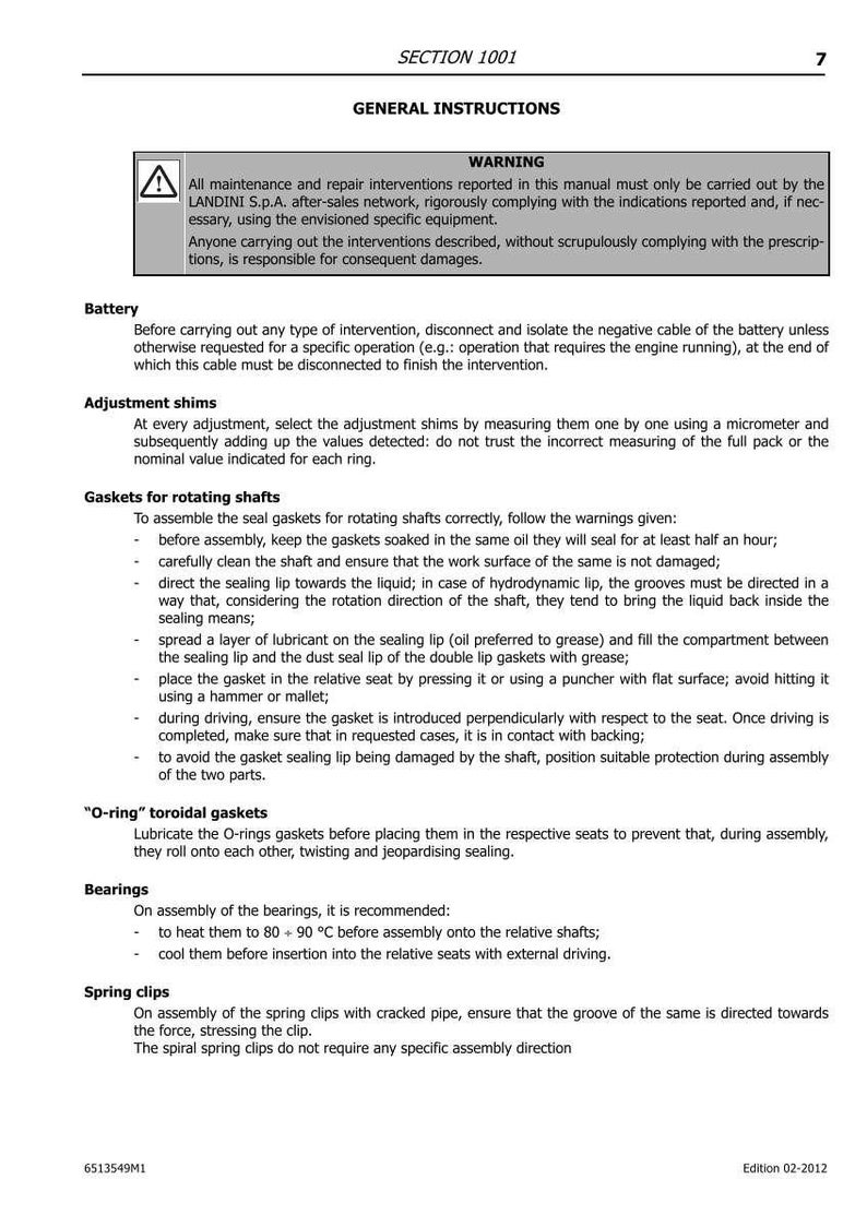 K&ouml;nnte beinhalten: Eine Seite aus einem Handbuch mit dem Titel "GENERAL INSTRUCTIONS" und Abschnitt 1001. Der Text enth&auml;lt Warnhinweise und Anweisungen f&uuml;r Batterie, Einstellscheiben, Dichtungen, O-Ringe, Lager und Federspangen. Ausgabe 02-2012.
