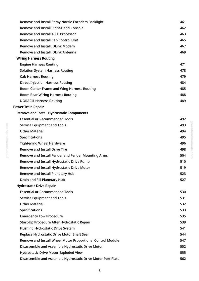 May include: A page from a manual with a list of instructions for machinery repair. The text includes procedures for wiring harness routing, hydrostatic components, and drive repair. The page number is 8.